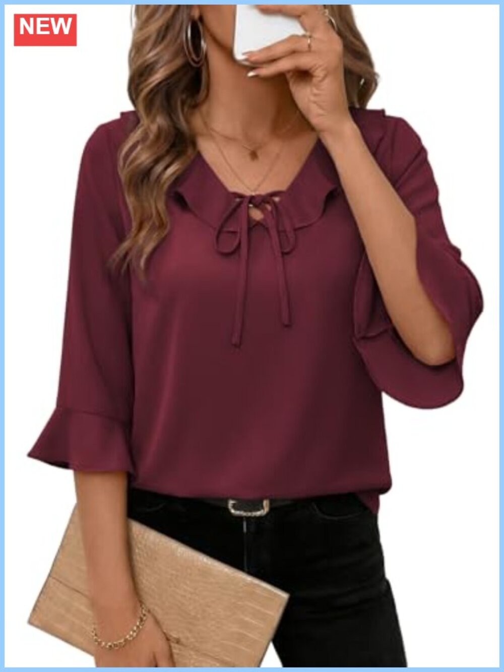 Business Casual Blouse Ruffle 3/4 Sleeve V-Neck Chiffon Top